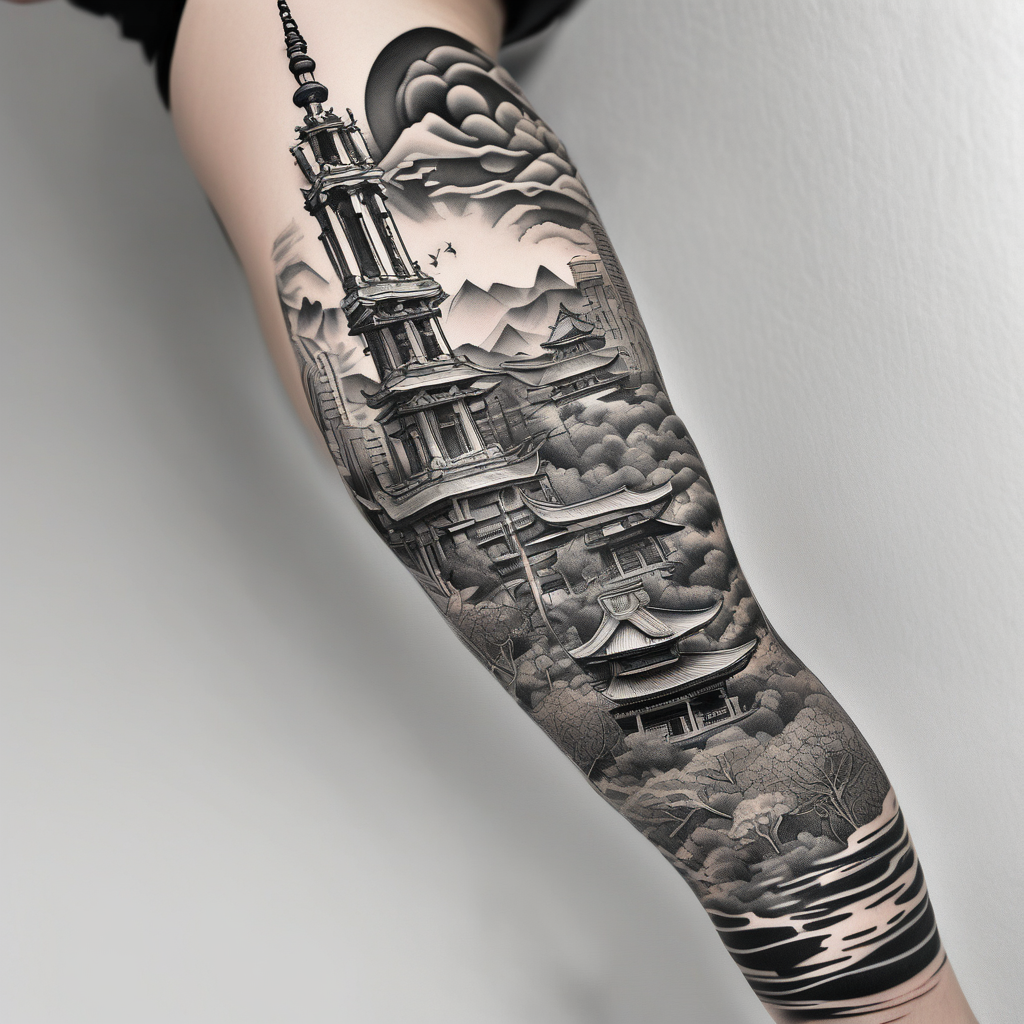 Creative Barcelona cityscape leg sleeve floral sleeve tattoo, design de tatouage Japonais généré par IA